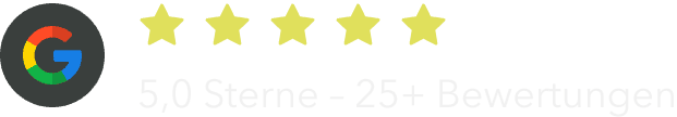 Google-Logo mit fünf gelben Sternen und dem Text „5,0 Sterne – 25+ Bewertungen“, der eine 5-Sterne-Bewertung aus über 25 Bewertungen auf Deutsch anzeigt.