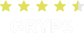 Viereinhalb gelbe Sterne erscheinen über dem Wort "GRYPS" in weissen Grossbuchstaben auf hellem Grund und weisen auf die bewährte Kompetenz von Webdesign Basel hin.