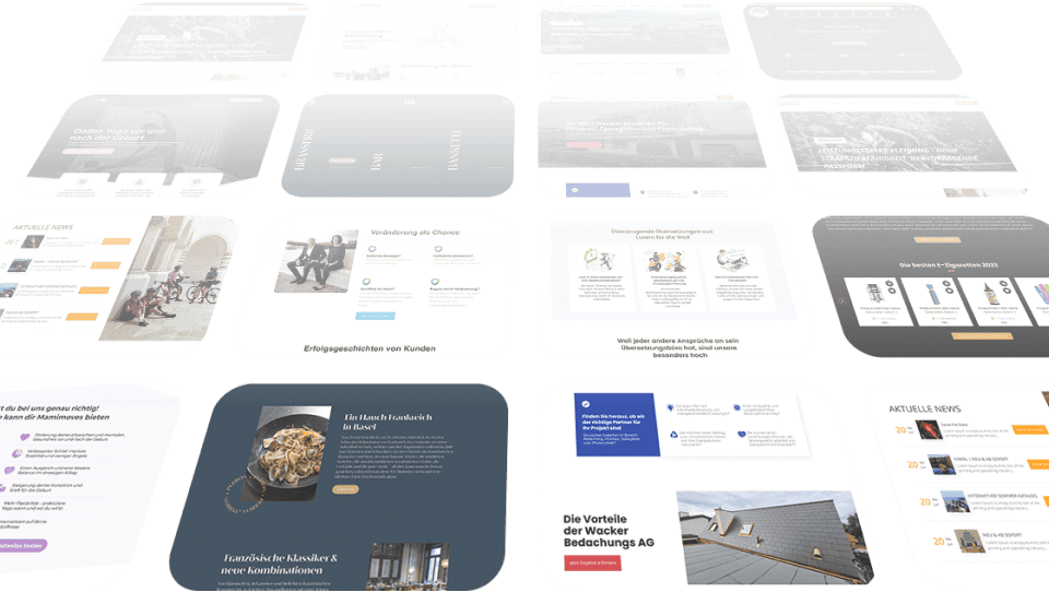 Ein Raster mit verschiedenen Homepage-Designs für Websites, die jeweils unterschiedliche Layouts, Bilder und Farbschemata anzeigen und auf einem weißen Hintergrund angeordnet sind.