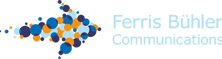 Logo für Ferris Bühler Communications mit einem abstrakten Pfeil aus überlappenden blauen, orangefarbenen und weißen Kreisen, mit dem Firmennamen in hellblauer Schrift auf schwarzem Hintergrund.