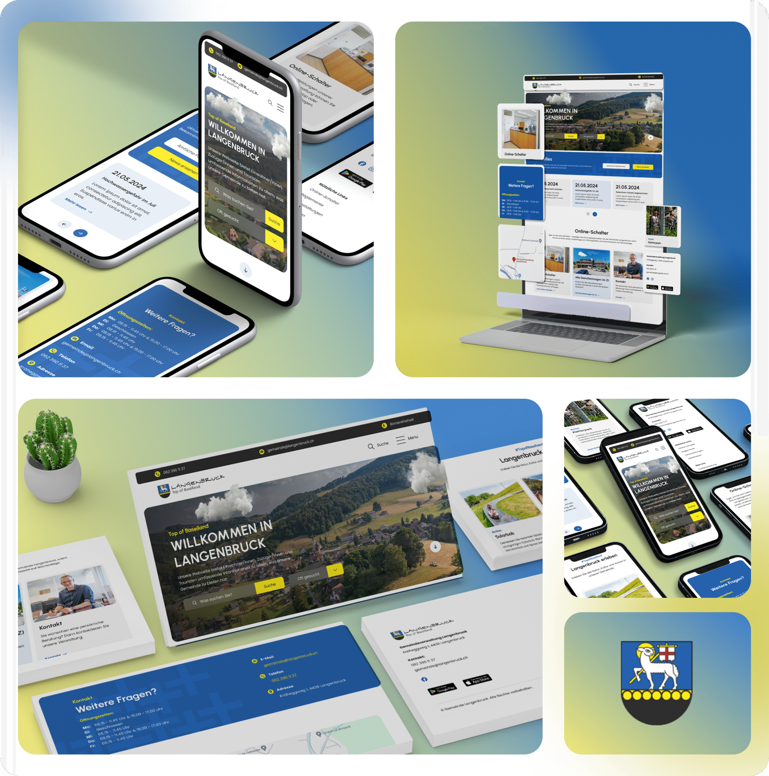 Eine Collage zeigt eine Website und eine mobile App für Langenbruck, dargestellt auf Telefonen, einem Laptop und gedruckten Materialien. Rechts unten ist ein blau-gelbes Wappen mit einer Kirche abgebildet.