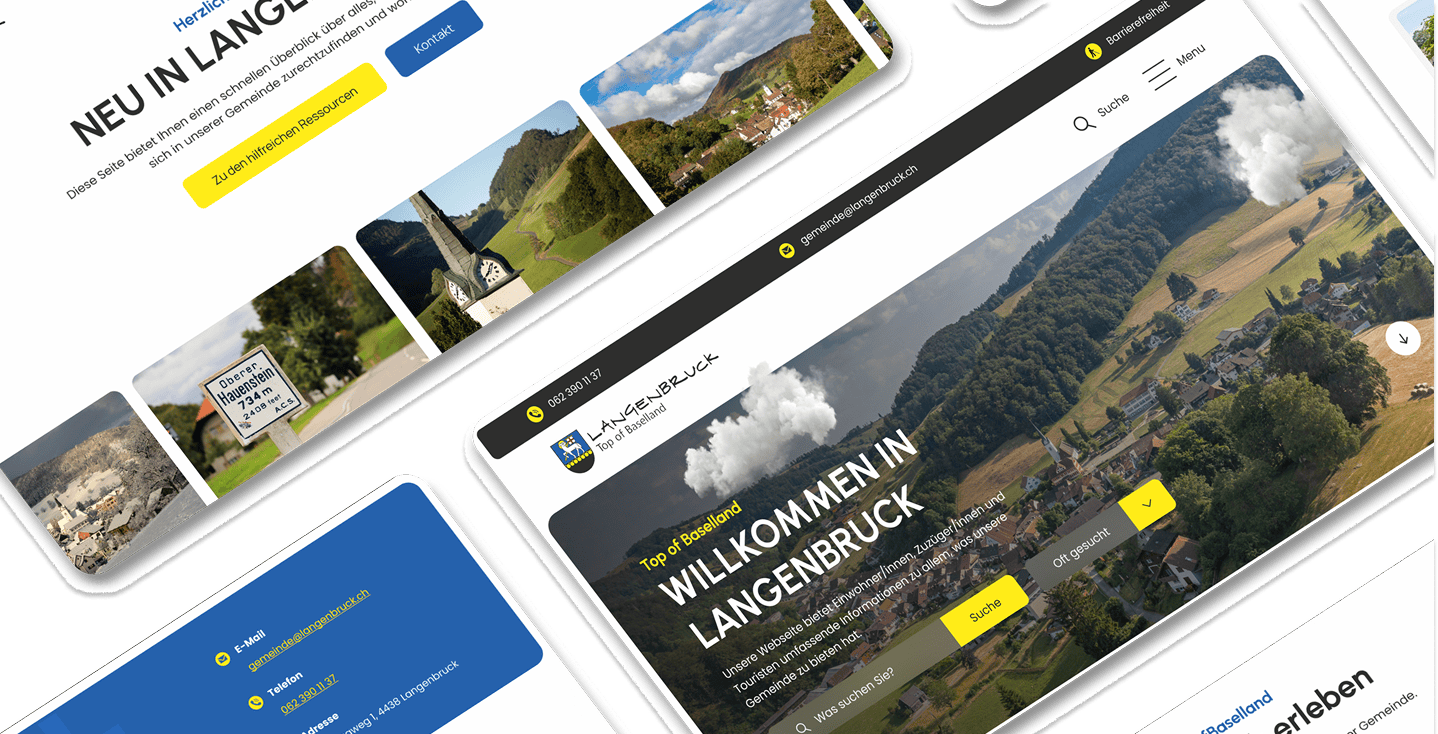 Auf mehreren überlappenden Bildschirmen wird eine deutschsprachige Tourismus-Website für Langenbruck mit Landschaftsfotos, Navigationsmenüs und Suchoptionen angezeigt.