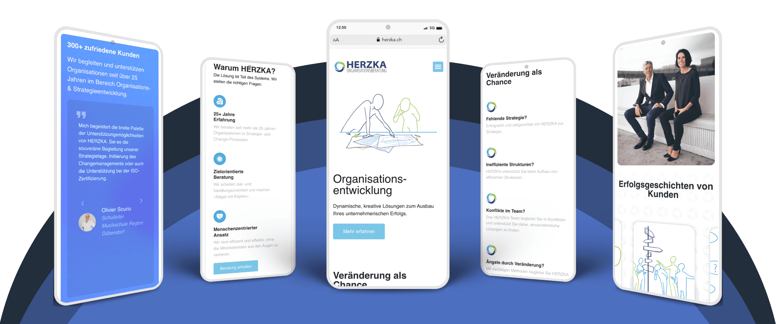 Auf fünf Smartphones werden verschiedene Bildschirme der HERZKA-Website zur Organisationsentwicklung angezeigt, auf denen Texte, Grafiken und Fotos zum Kundenerfolg und Unternehmensinformationen zu sehen sind.