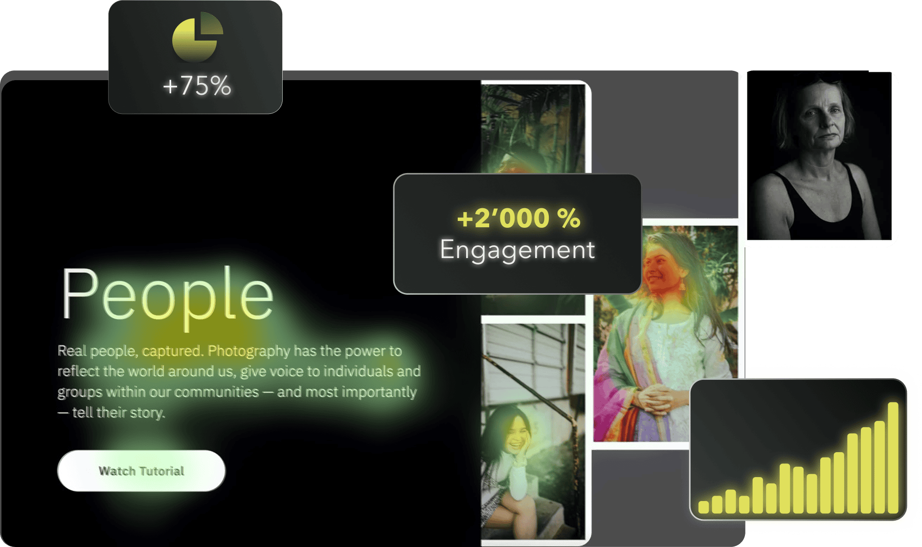 Eine Collage mit verschiedenen Porträts, Engagement-Statistiken, Erkenntnissen aus UX-Audits und Datengrafiken, die den Einfluss der Fotografie auf das Storytelling in der Community hervorhebt.