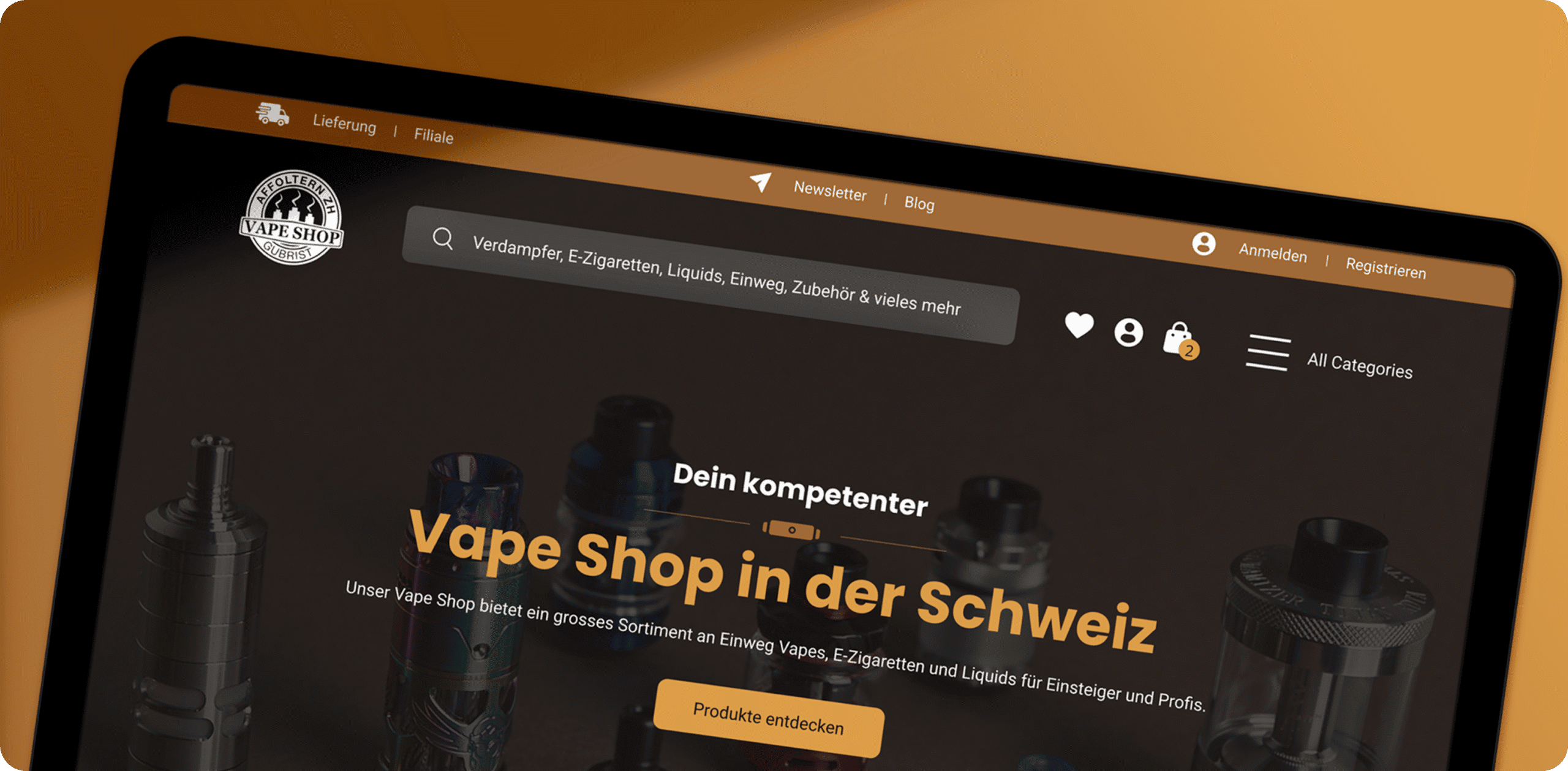 Auf dem Bildschirm eines Laptops wird die Website eines Vape-Shops in deutscher Sprache angezeigt, mit Produktkategorien, Navigationsmenü und Bildern von Vape-Geräten.