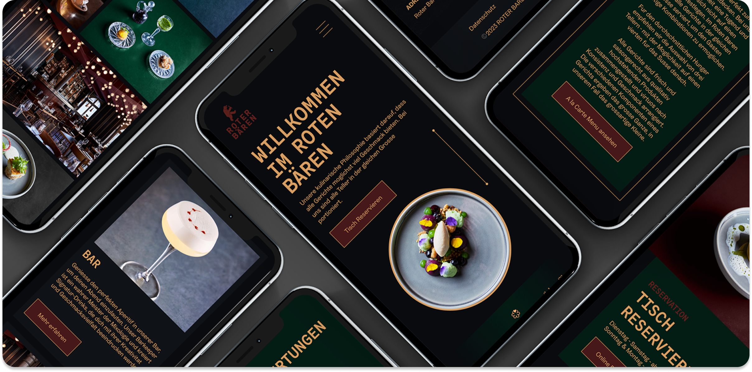 Mehrere Tablets zeigen die Website des Restaurants "Roten Bären" mit Speisen, Getränken, Text in deutscher Sprache und Optionen für Reservierungen und Menüdetails.