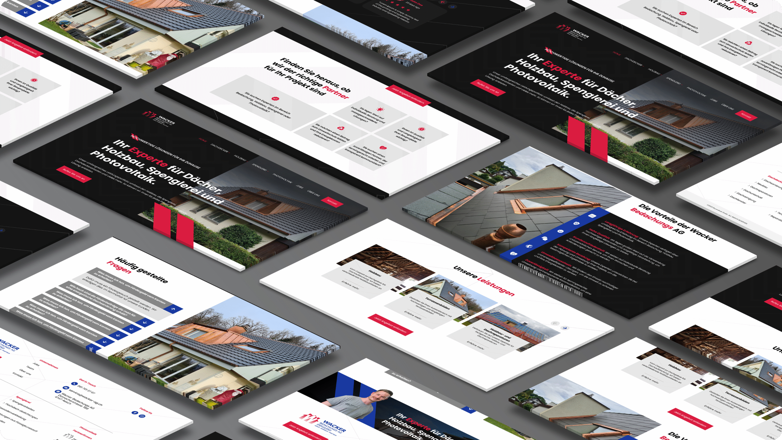 Eine Sammlung von Website-Mockups, die in einem diagonalen Raster angeordnet sind und Layouts mit Text, Bildern von Häusern, Dächern und Sonnenkollektoren zeigen.