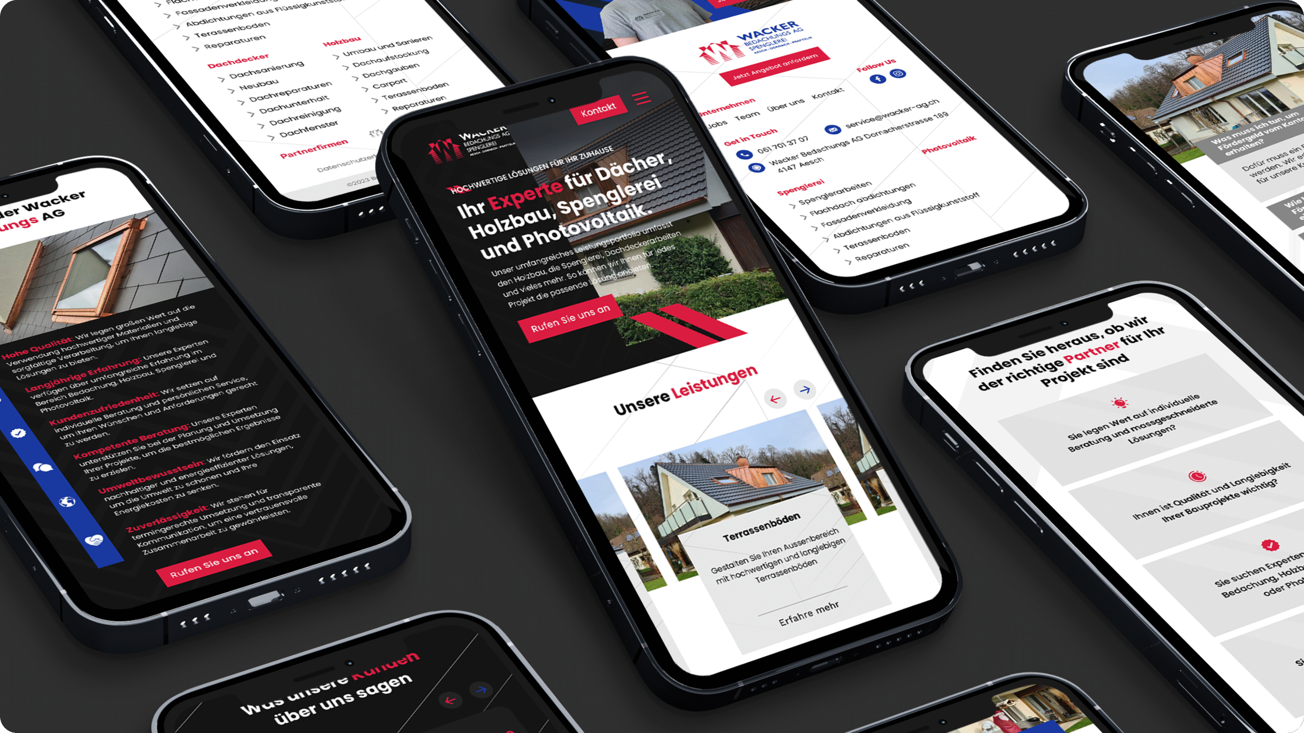 Mehrere Smartphones zeigen die Website eines Dachdecker- und Bauunternehmens, auf der Dienstleistungen, Kundenstimmen und Unternehmensinformationen auf modernen, schrägen Bildschirmen präsentiert werden.