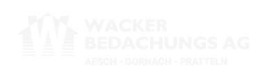 Logo der Wacker Bedachungs AG mit stilisierten Dachsymbolen und dem Text „Aesch – Dornach – Pratteln“ unter dem Firmennamen.
