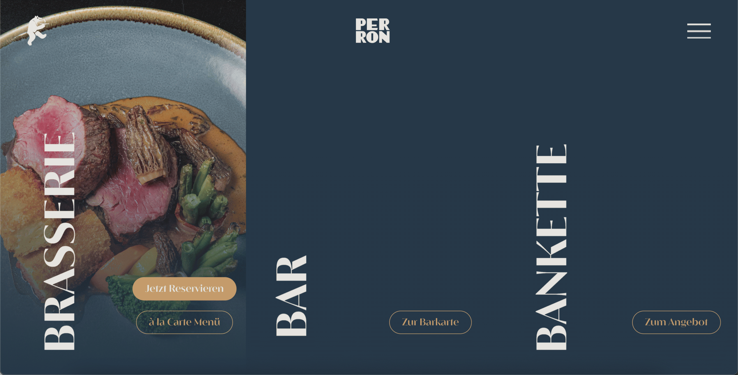 Homepage der Restaurant-Website mit drei Abschnitten: Brasserie mit einem Teller Essen, Bar und Bankette, jeweils mit Menü- oder Reservierungsschaltflächen auf dunkelblauem Hintergrund.