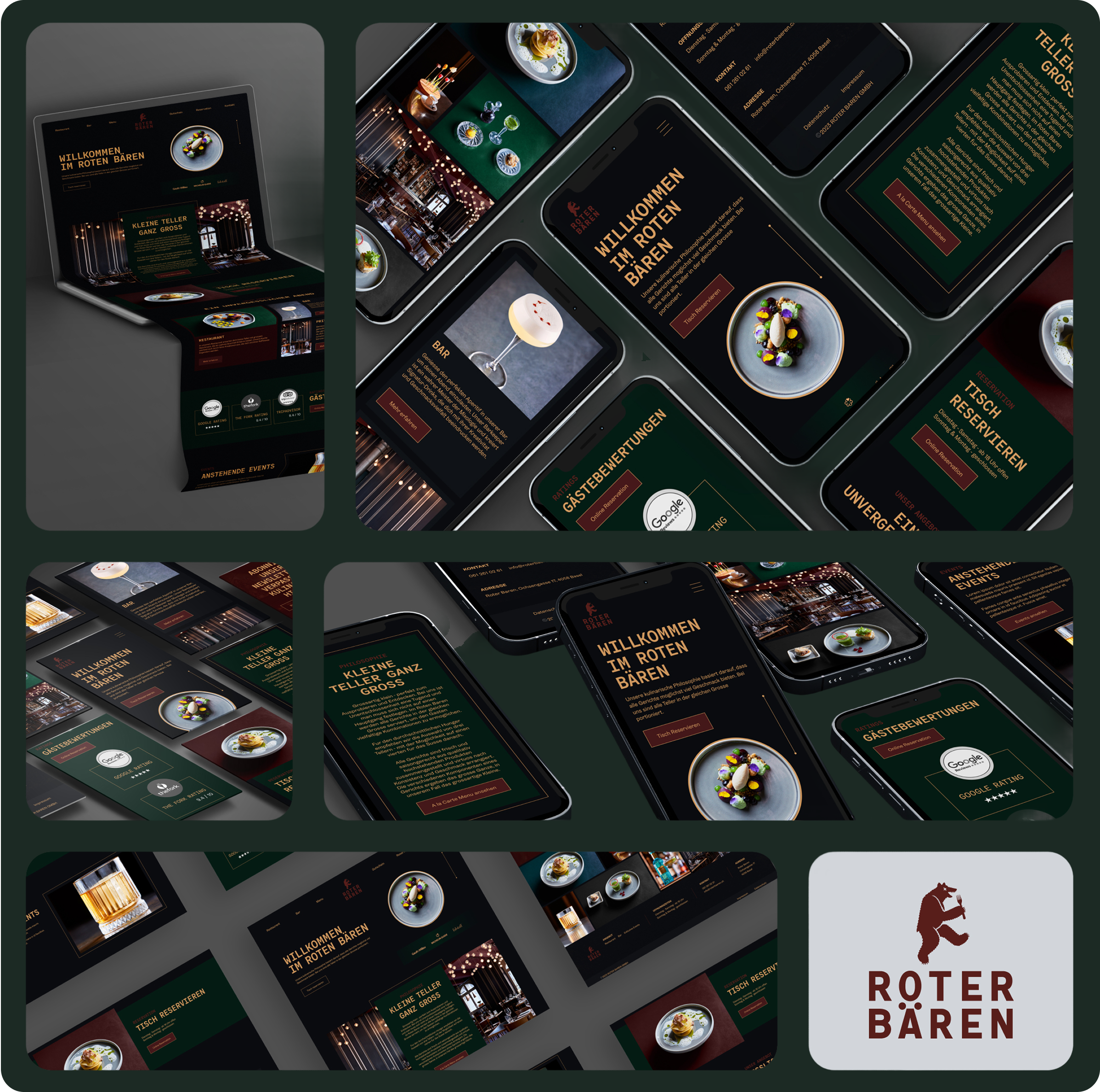 Ein Raster von Marketingmaterialien und digitalen Bildschirmen für den Roten Bären, mit einem dunkelroten und grünen Farbschema, Bildern von Lebensmitteln und dem Bärenlogo des Restaurants.