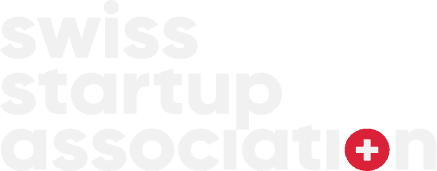 Logo der Swiss Startup Association mit weisser Schrift und einem roten Kreis mit weissem Kreuz unten rechts.