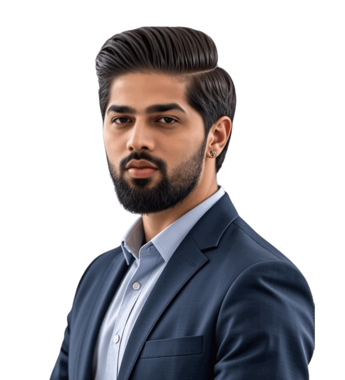 Ein Mann mit dunklem Haar und Bart, der einen marineblauen Anzug und ein hellblaues Hemd trägt, posiert vor einem schlichten Hintergrund.