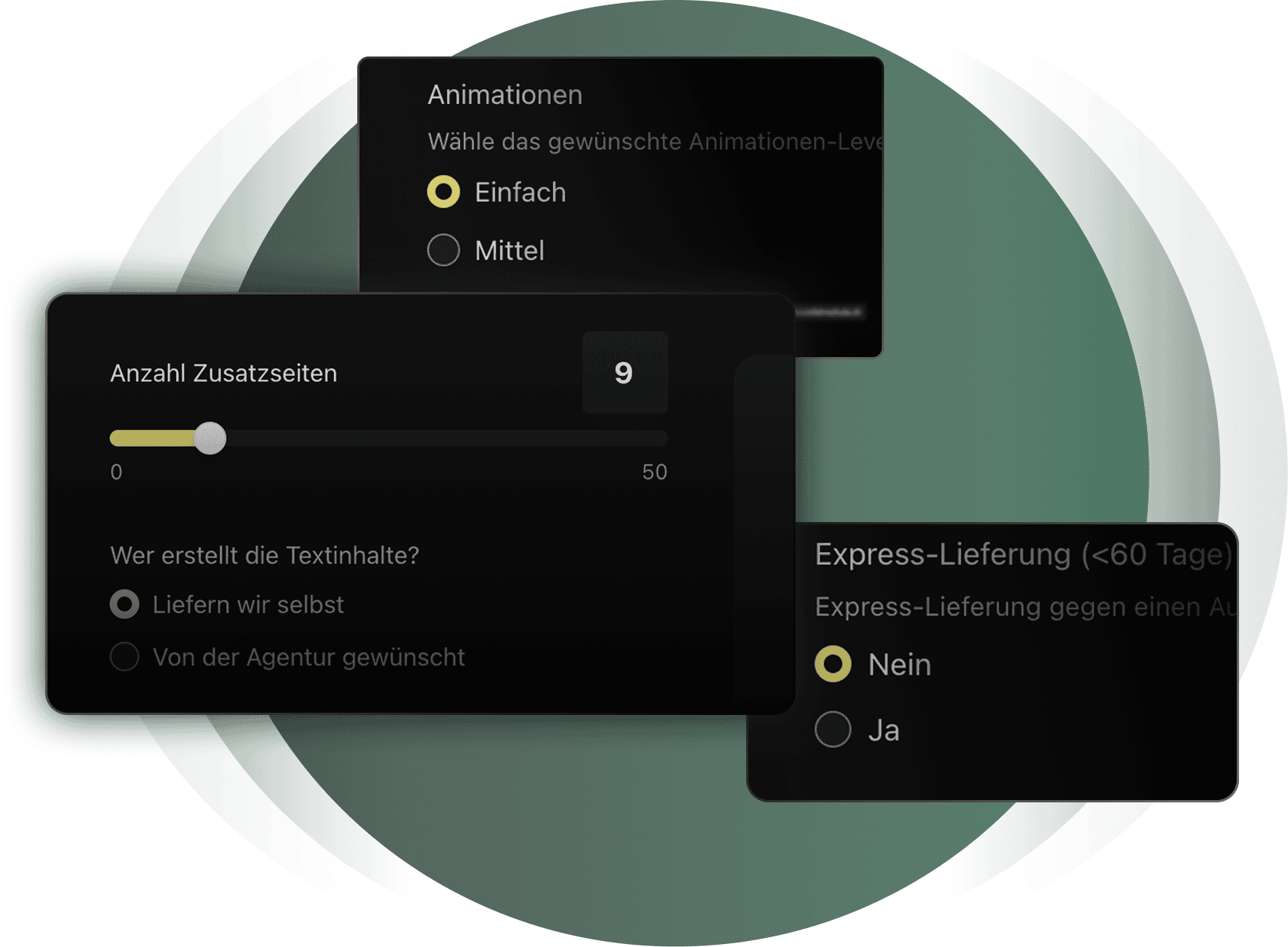 Ein Bildschirm zeigt UI-Elemente auf Deutsch für eine Webdesign-Agentur, darunter einen Schieberegler für die Anzahl zusätzlicher Seiten, Optionen für die Animationsebene und eine Auswahl für den Expressversand.