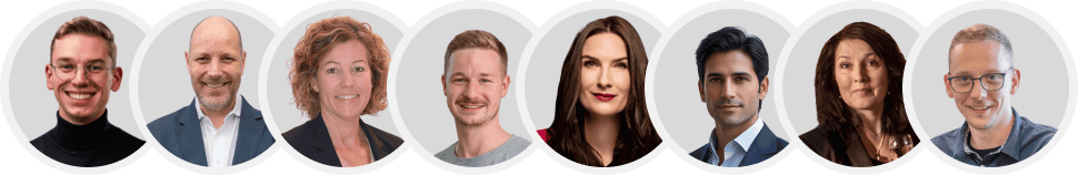 Eine Gegenüberstellung von acht professionell gekleideten Personen, darunter Männer und Frauen, die von den Schultern aufwärts vor einem hellen Hintergrund gezeigt werden.