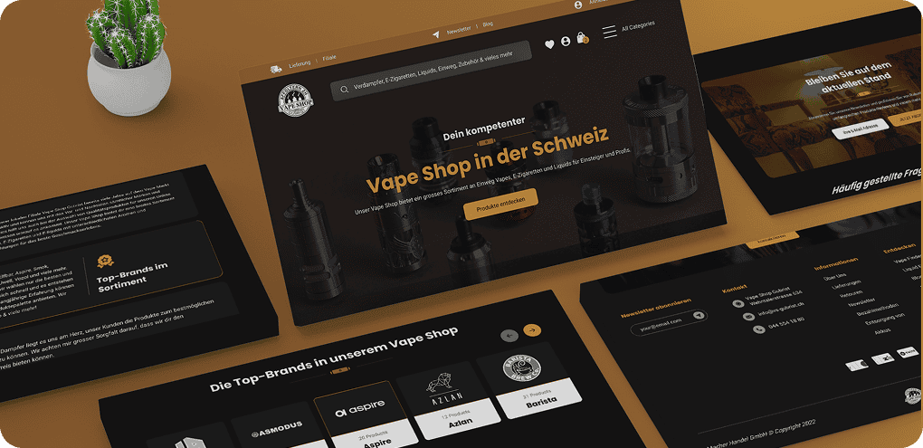 Mehrere Bildschirme zeigen eine deutschsprachige Vape-Shop-Website mit Produktbildern, Markenlogos und Navigationsmenüs auf einem braunen und schwarzen Hintergrund, der die Webdesign Trends 2025 im E-Commerce widerspiegelt.
