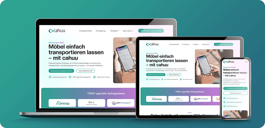 Ein Laptop, ein Tablet und ein Smartphone zeigen die responsive Homepage der cahuu-Website an, die Möbeltransportdienste anbietet und die Webdesign Trends 2025 vorstellt.