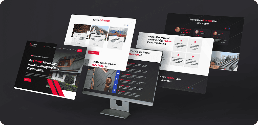 Vier schwebende Bildschirme zeigen die Website eines Dachdeckerunternehmens mit Dienstleistungen, Kundenreferenzen und Projektinformationen, die alle nach den neuesten Webdesign-Trends 2025 gestaltet sind, aus einer schrägen Perspektive über einem Monitor.