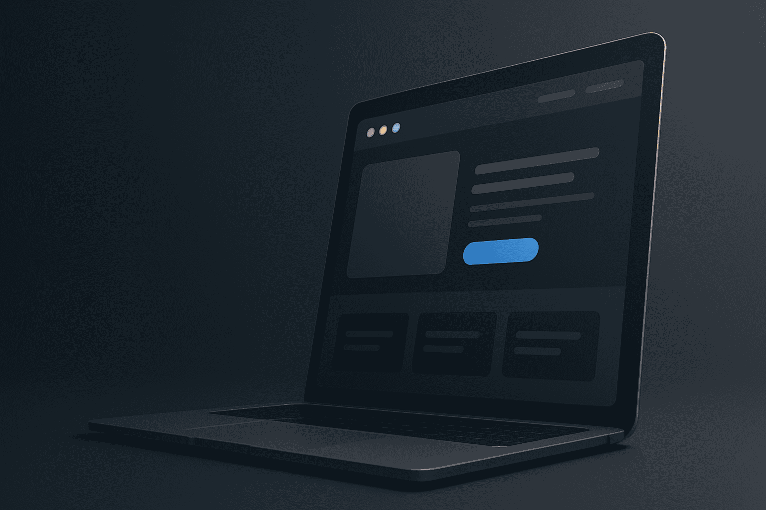 Ein dunkler Laptop-Bildschirm zeigt eine minimalistische Benutzeroberfläche mit verschiedenen Bereichen, Schaltflächen und Rechtecken auf einem schwarzen Hintergrund.