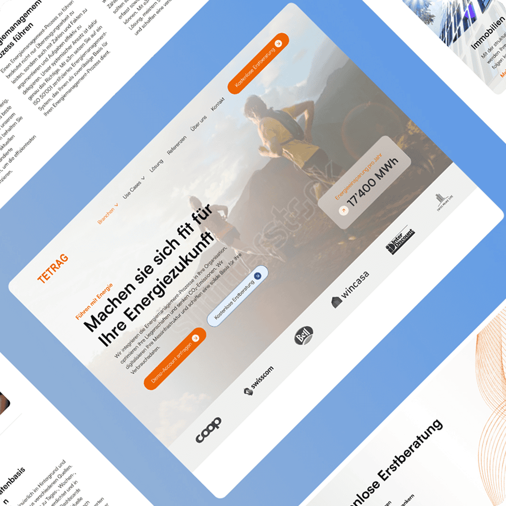 Eine Webseite mit einem Bannerbild einer Person, die im Freien Sport treibt, deutschem Text über die Energiezukunft und Abschnitten für Solar-, Wind- und andere Energiedienstleistungen.