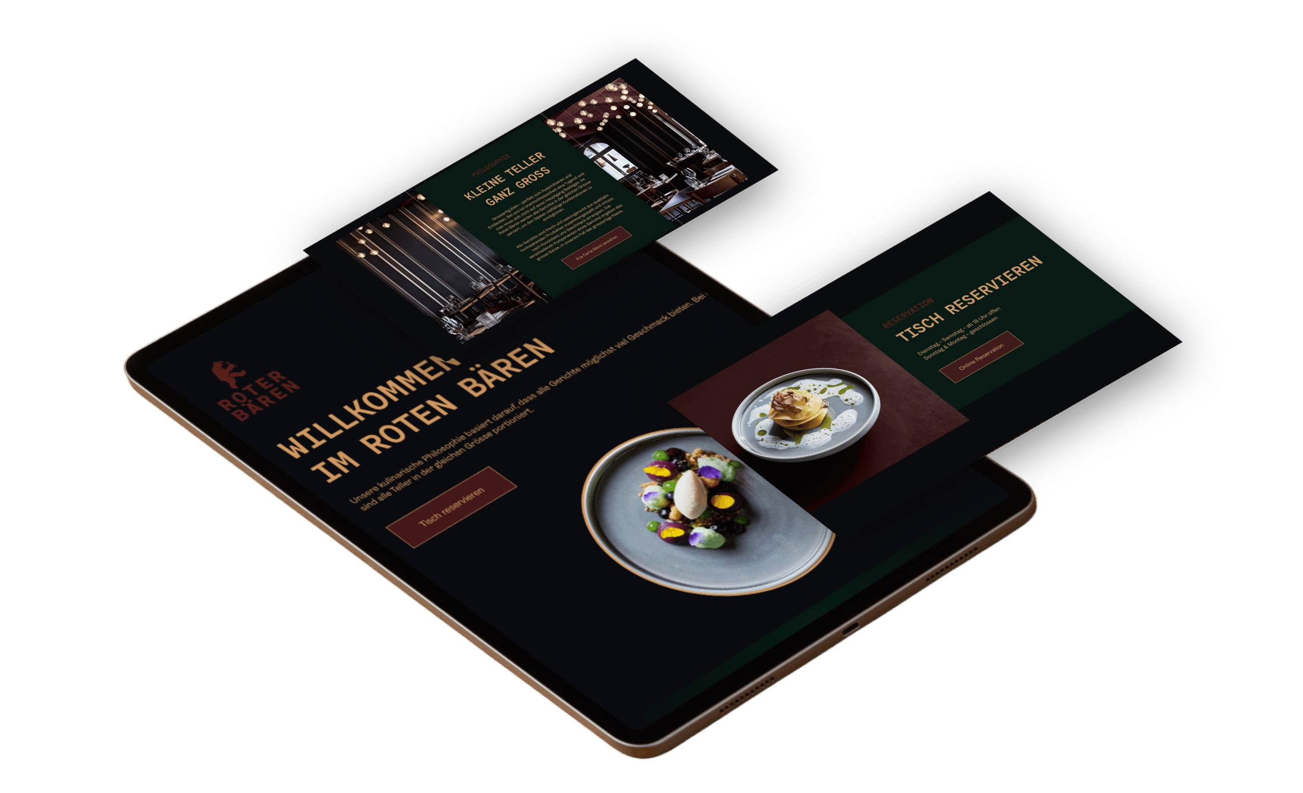 Drei Tablets zeigen eine deutschsprachige Restaurant-Website mit Fotos der Inneneinrichtung, Bildern der Speisen und einer Schaltfläche "Tischreservierung", die von einer führenden Webagentur in Basel erstellt wurde.