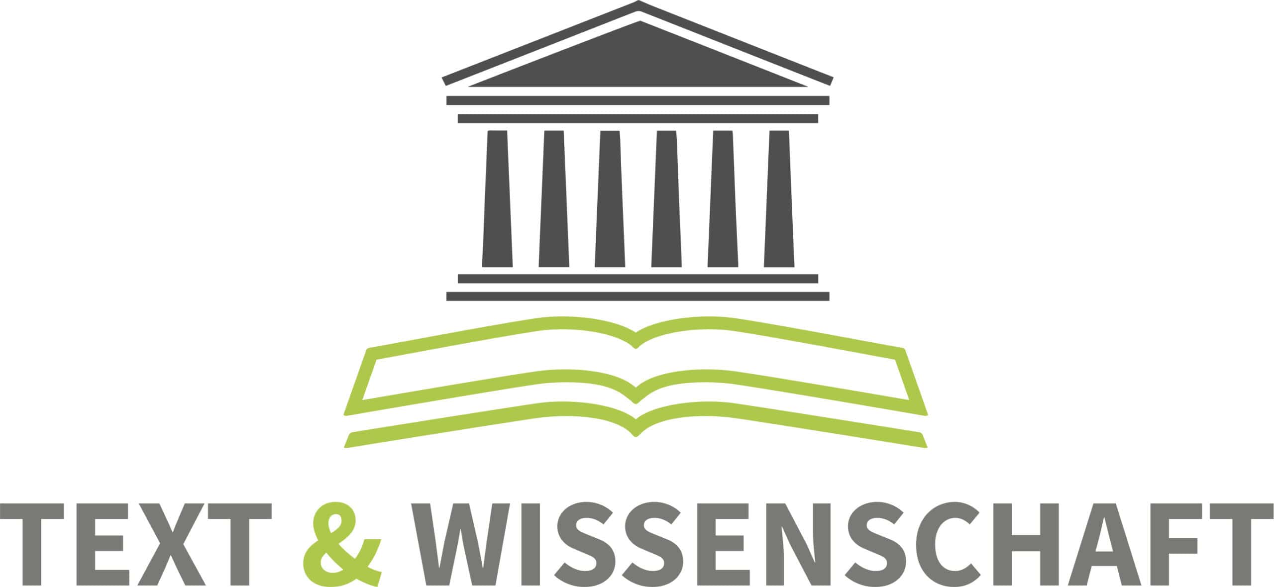 Logo mit einem stilisierten griechischen Tempel über einem aufgeschlagenen Buch, darunter der Text "TEXT & WISSENSCHAFT" in grauen und grünen Buchstaben.