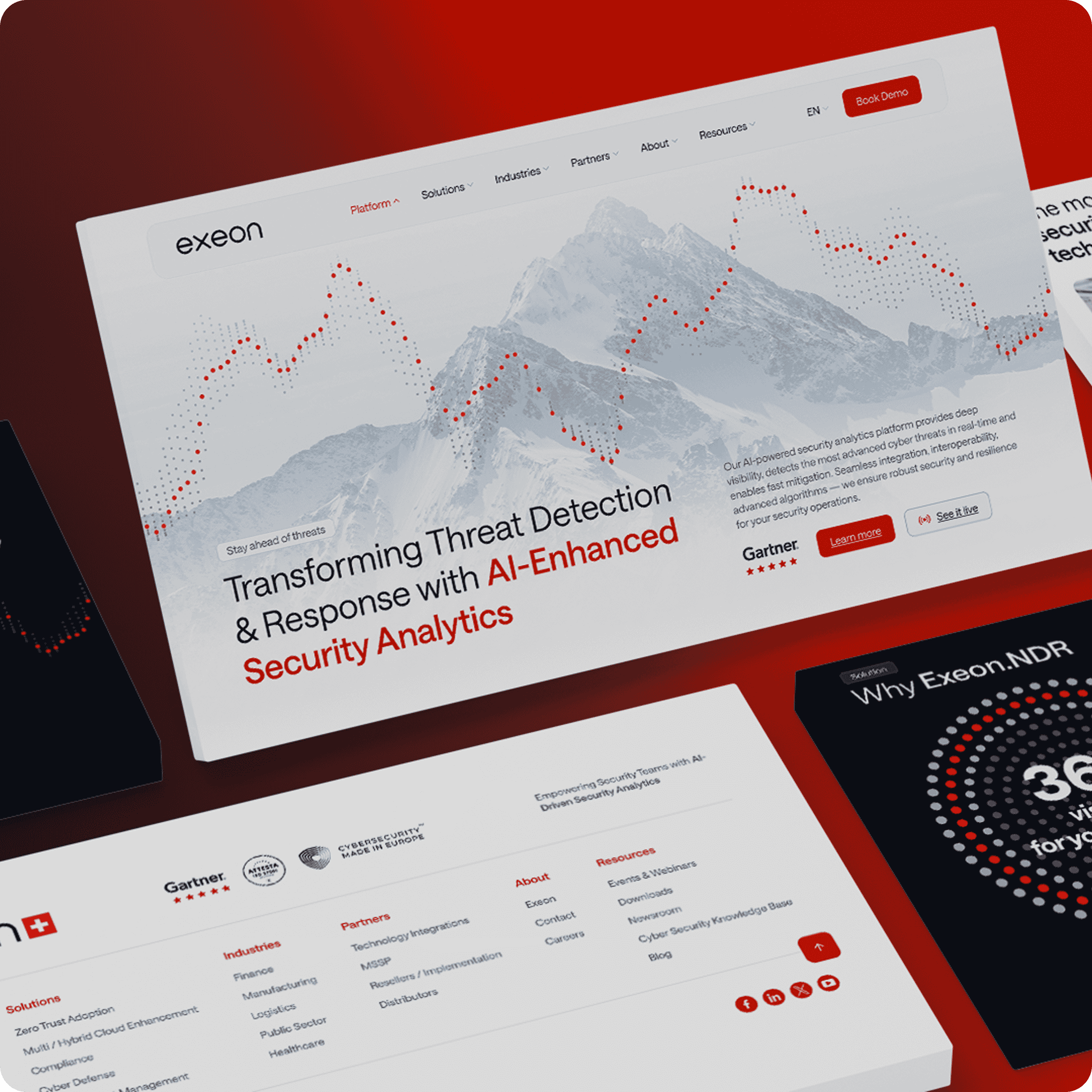 Eine Website für Exeon zeigt Bedrohungserkennung und KI-gestützte Sicherheitsanalysen, mit Grafiken, die ein Bergbild und Navigationsmenüs überlagern - eine ideale Inspiration, wenn Sie eine professionelle Website erstellen lassen möchten.
