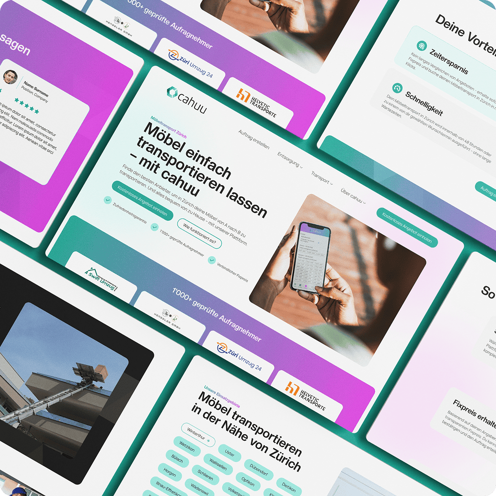 Eine flache Darstellung verschiedener Website-Schnittstellen in deutscher Sprache, die einen Möbeltransportdienst mit Bildern, Bewertungen und Funktionen für eine mobile App vorstellt.