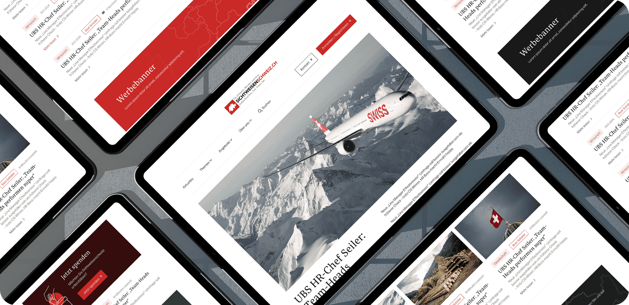 Mehrere Tablets zeigen eine deutschsprachige Nachrichten-Website mit Artikeln, Bildern und einem auffälligen Foto eines Schweizer Flugzeugs, das über verschneite Berge fliegt.