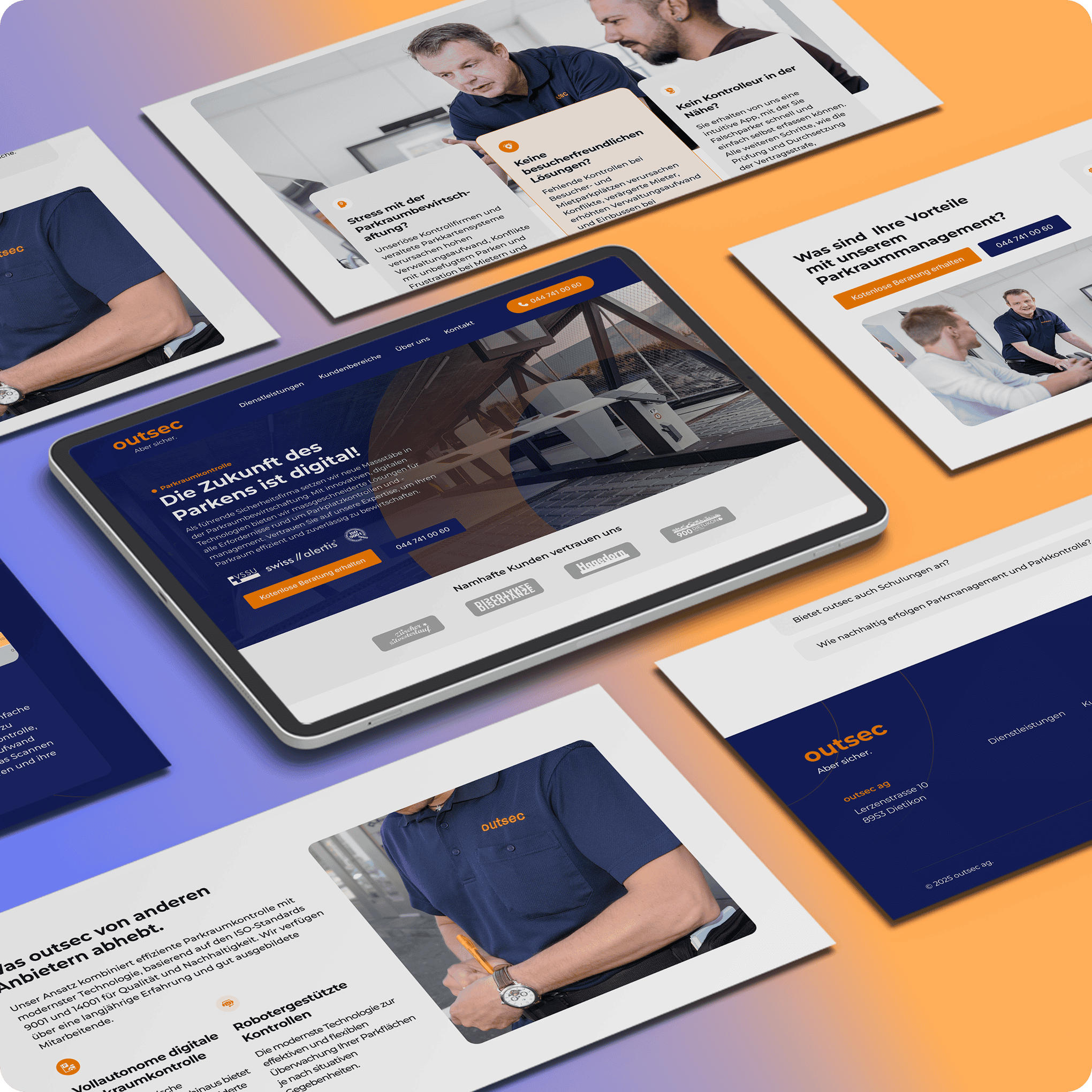 Mehrere digitale Bildschirme zeigen eine Unternehmenswebseite und die dazugehörigen Werbematerialien für ein Unternehmen namens outecc mit Bildern von Menschen, Text und Markenzeichen in blauen und orangen Farben.