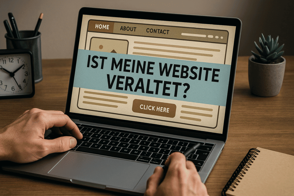 Eine Person benutzt einen Laptop, auf dem eine Website mit dem deutschen Text "IST MEINE WEBSITE VERALTET?" und einer Schaltfläche "HIER KLICKEN" angezeigt wird. Auf dem Schreibtisch befinden sich eine Uhr und eine Topfpflanze.