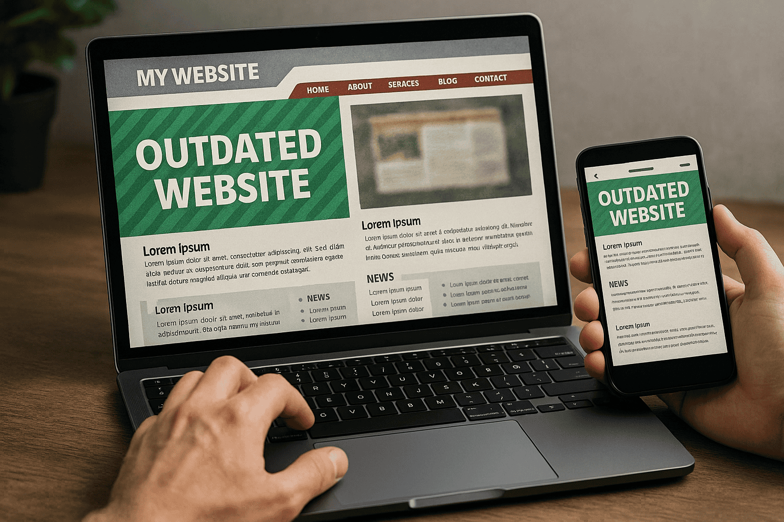 Eine Person sieht sowohl auf einem Laptop als auch auf einem Smartphone die Warnung "Veraltete Website", die anzeigt, dass die Website auf allen Geräten nicht auf dem neuesten Stand ist.