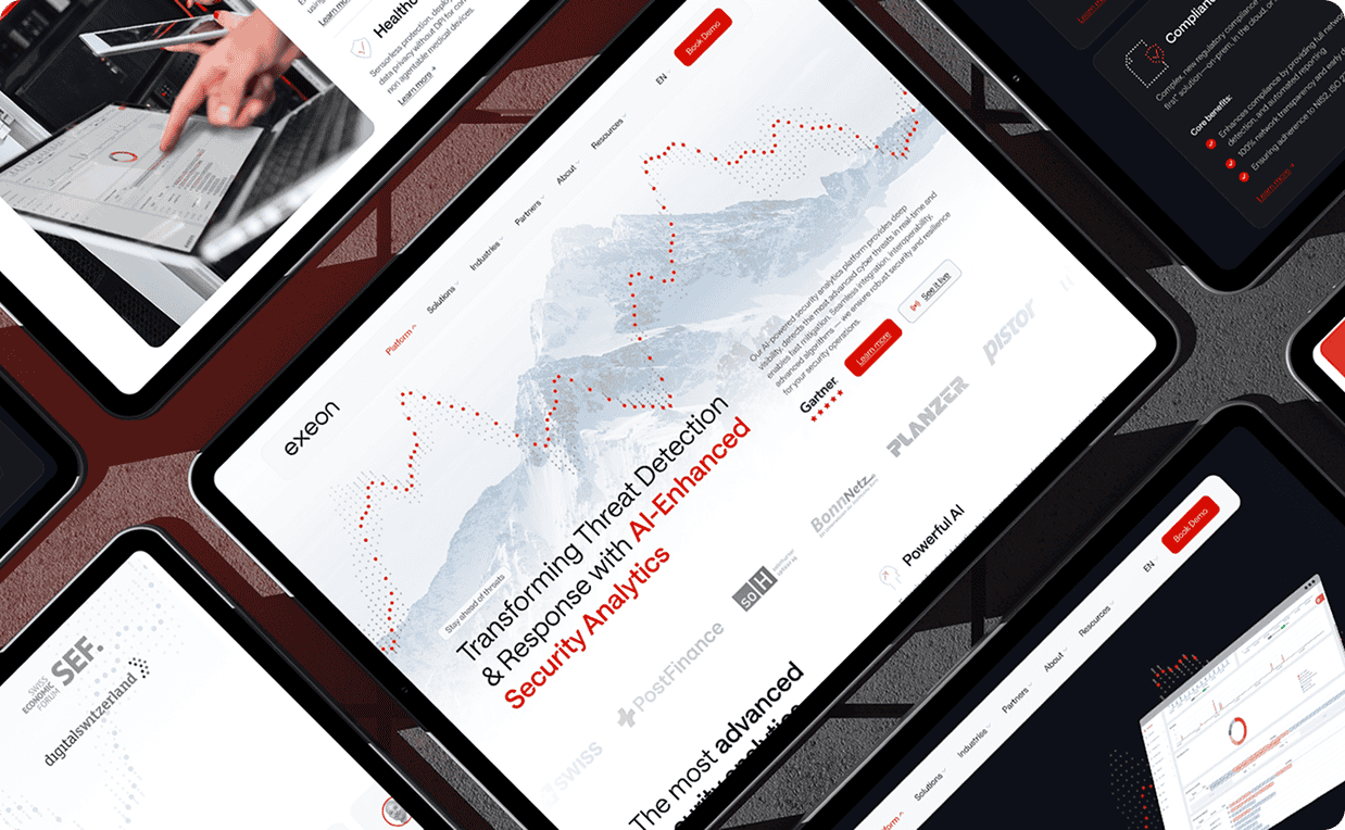 Mehrere Tablet-Bildschirme zeigen Websites zum Thema Cybersicherheit mit Grafiken, Texten über KI-gestützte Bedrohungserkennung und Logos von Technologiepartnern auf weißem und dunklem Hintergrund.