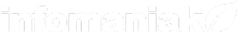 Weißes "infomaniak"-Textlogo mit einem stilisierten Blattdesign am Ende, dargestellt auf einem hellgrauen Hintergrund - perfekt für die Präsentation von WordPress-Wartung oder WordPress-Support-Services.