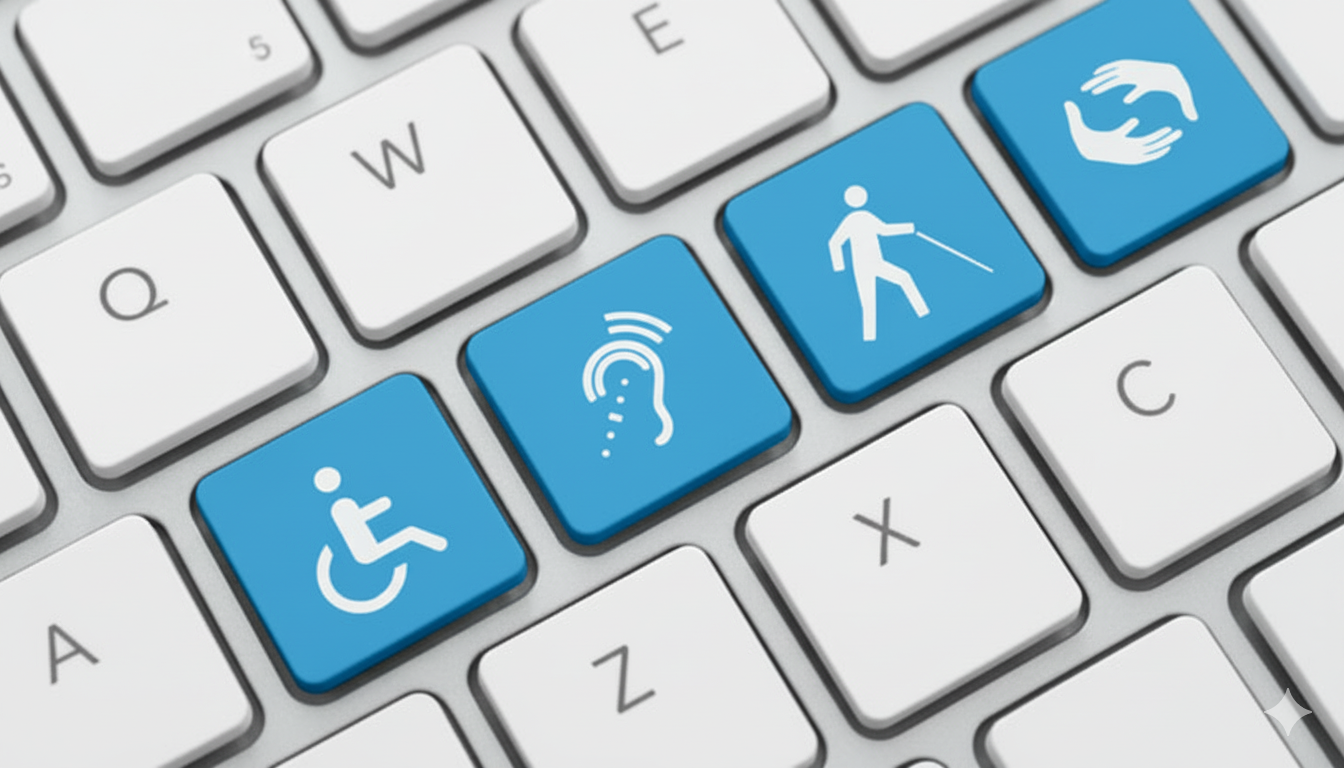 Tastatur mit vier blauen Tasten mit Symbolen für Körper-, Hör- und Sehbehinderungen sowie einem Symbol für Gebärdensprache, das für Barrierefreiheit steht.