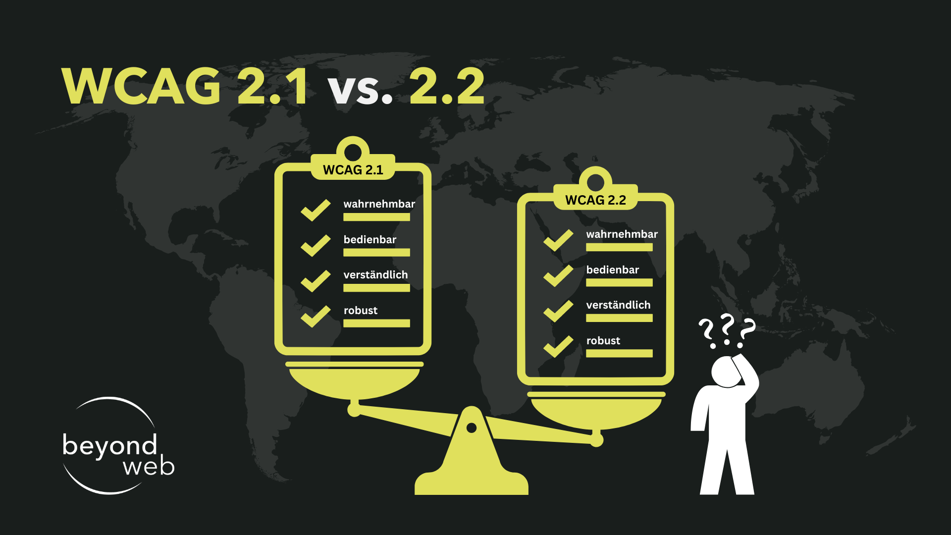 Illustration zum Vergleich der WCAG 2.1 und 2.2 Richtlinien auf einer Waage, mit einer verwirrten Person und dem Beyond Web Logo in der Ecke.