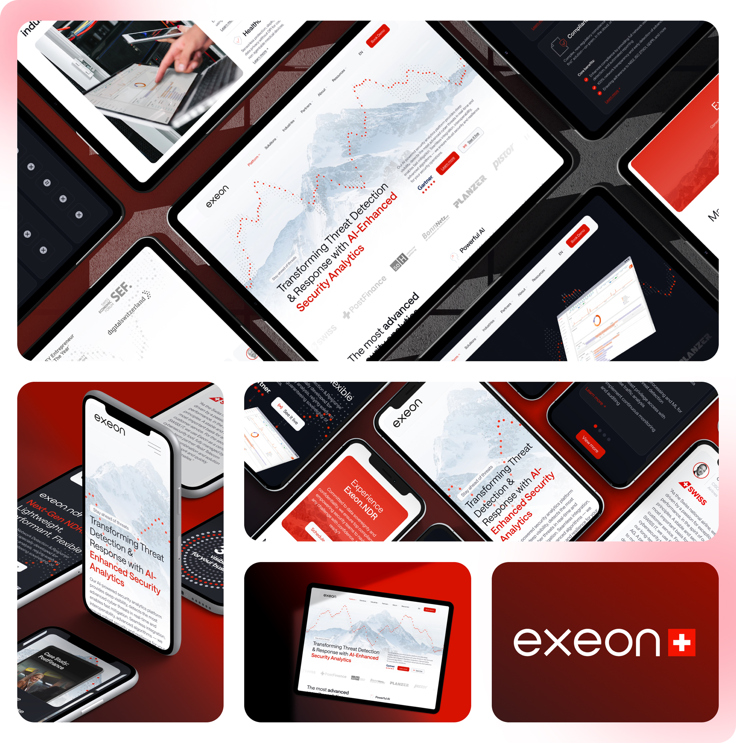 Collage aus digitalen Geräten, die die Exeon-Website mit Diagrammen, Text und dem Exeon-Logo anzeigen, wobei Cybersicherheitsanalysen und ein Farbschema in Rot, Weiß und Schwarz hervorgehoben werden.