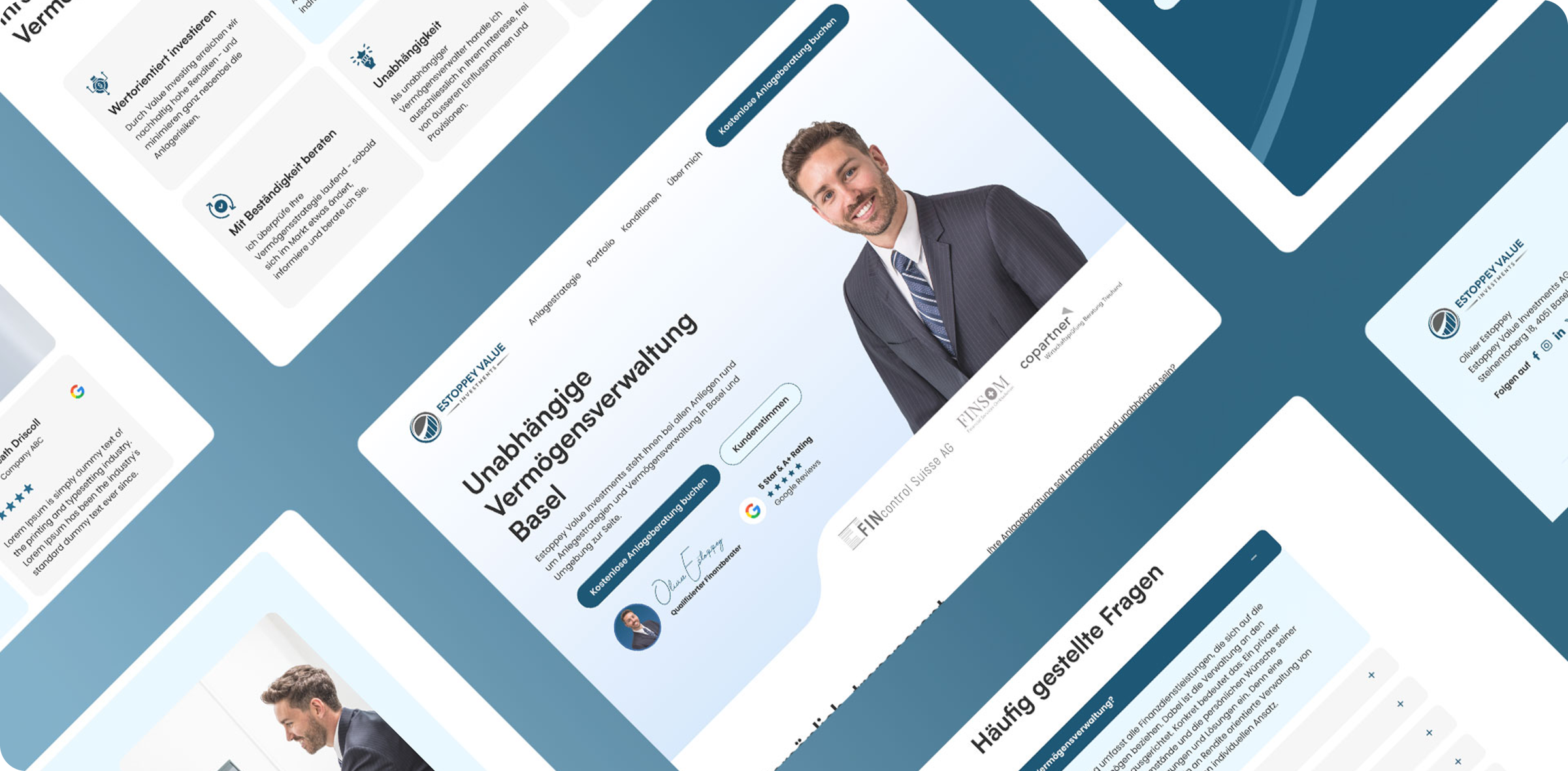 Ein Website-Layout zeigt einen professionellen Mann im Anzug, Dienstleistungsbeschreibungen, Kundenrezensionen und FAQ-Abschnitte auf blauem und weißem Hintergrund.