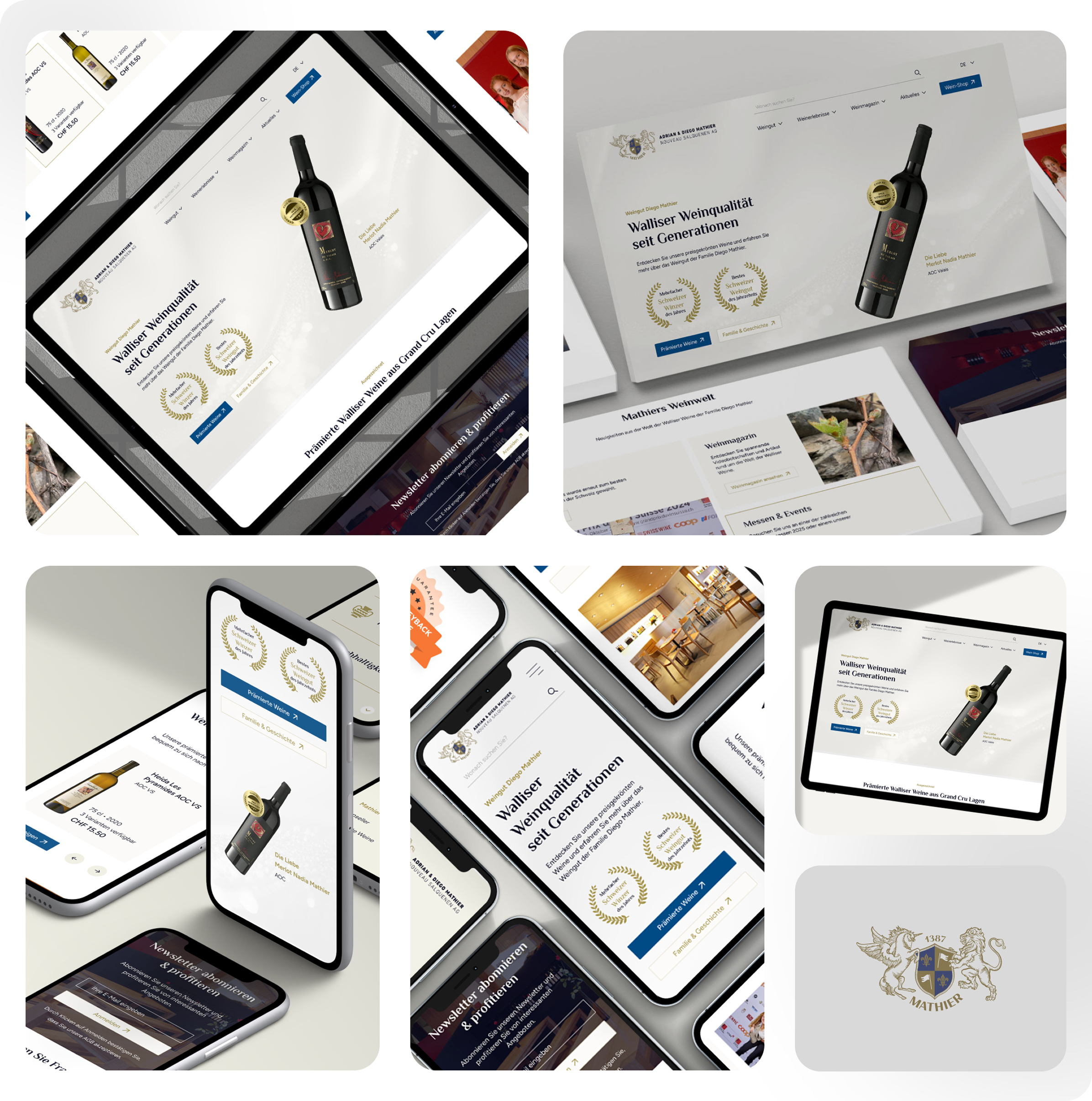 Collage aus digitalen Geräten, die eine Website eines Weingeschäfts mit Flaschen, Auszeichnungen, Navigationsmenüs und einem Wappenlogo auf weißem Hintergrund zeigen.