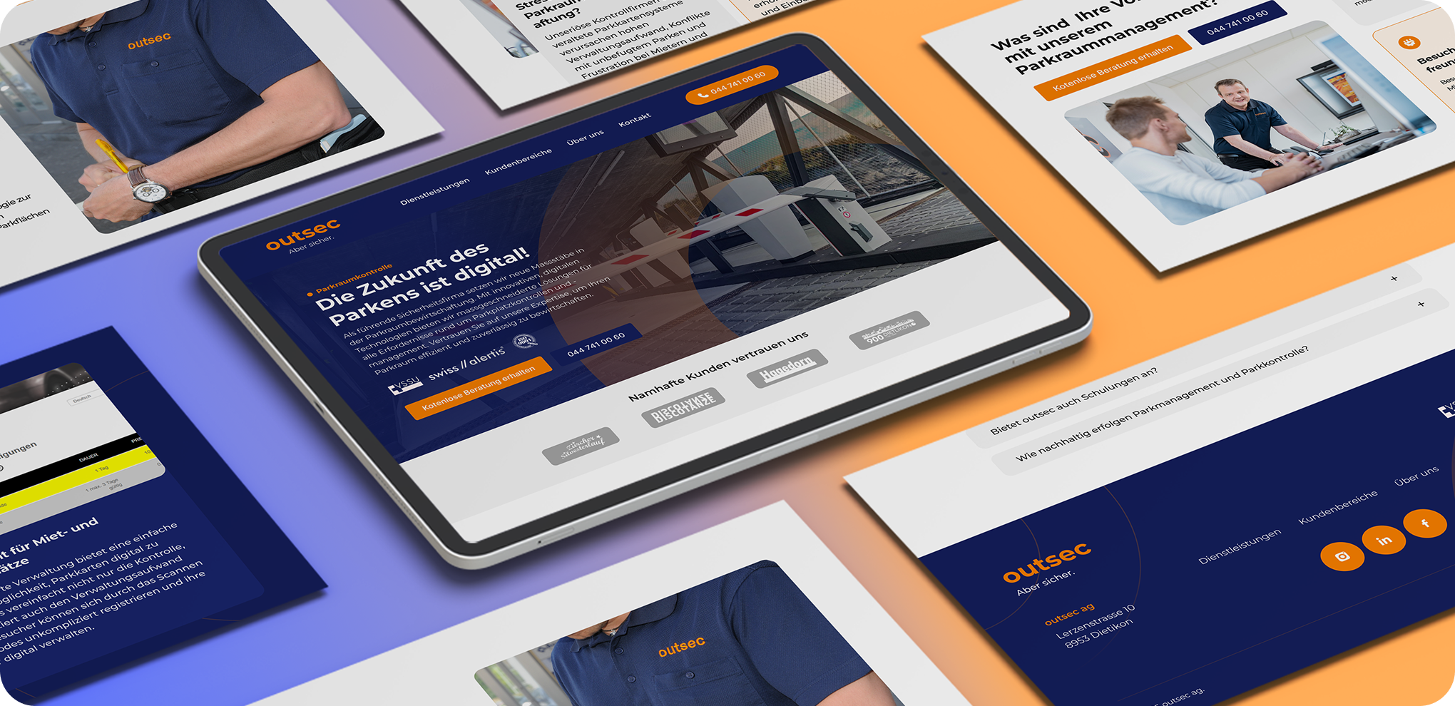 Ein Tablet, auf dem eine Website mit der Überschrift "Die Zukunft des Parkens ist digital!" angezeigt wird, ist von verschiedenen Seiten und Grafiken zum Thema Parkraumbewirtschaftung umgeben, die alle auf einem hellen Hintergrund dargestellt sind.