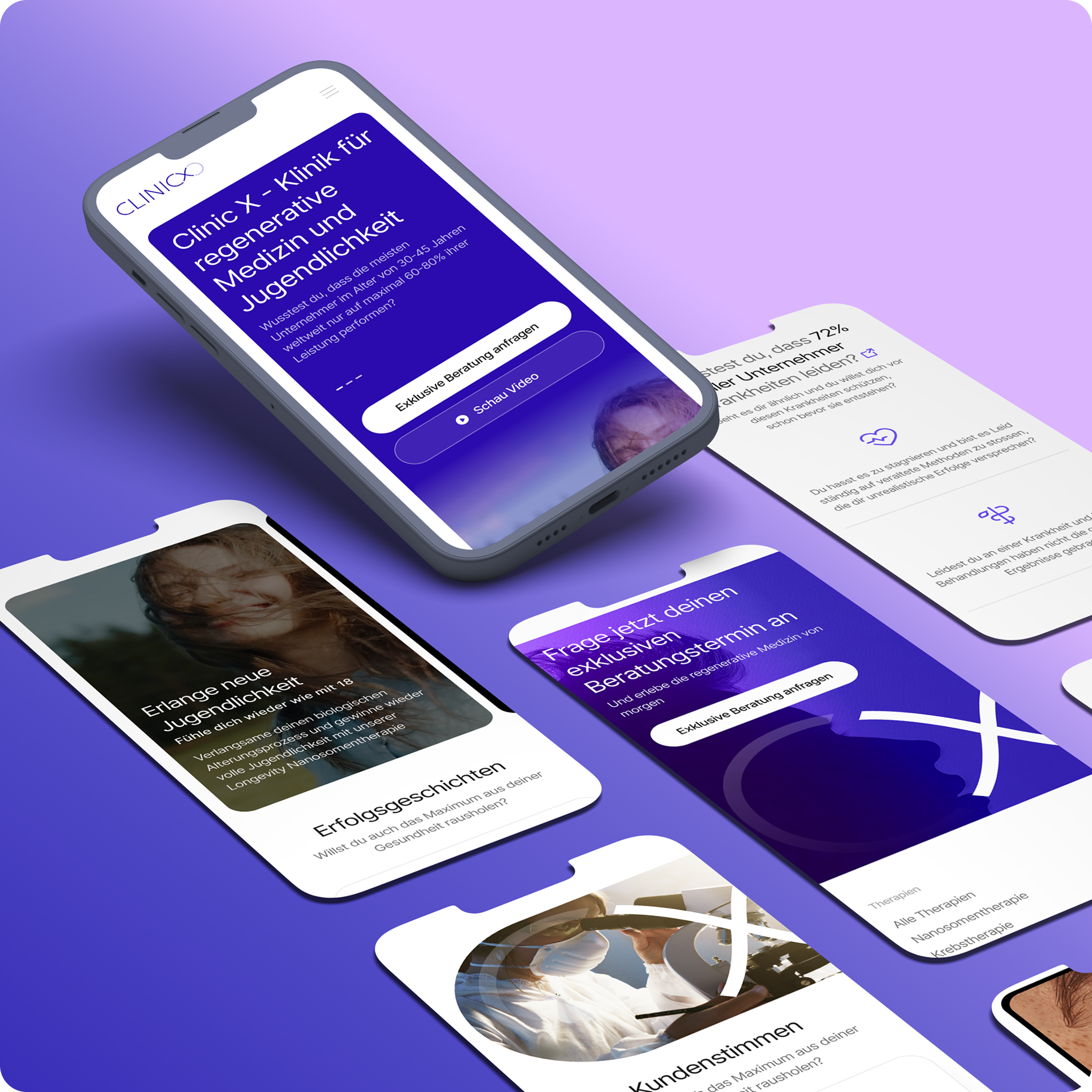 Ein Smartphone und vier Bildschirm-Mockups zeigen die deutschsprachige Website einer Gesundheitsklinik mit violetten Akzenten und Rubriken zu Jugendlichkeit, Erfolgsgeschichten und Kundenrezensionen.