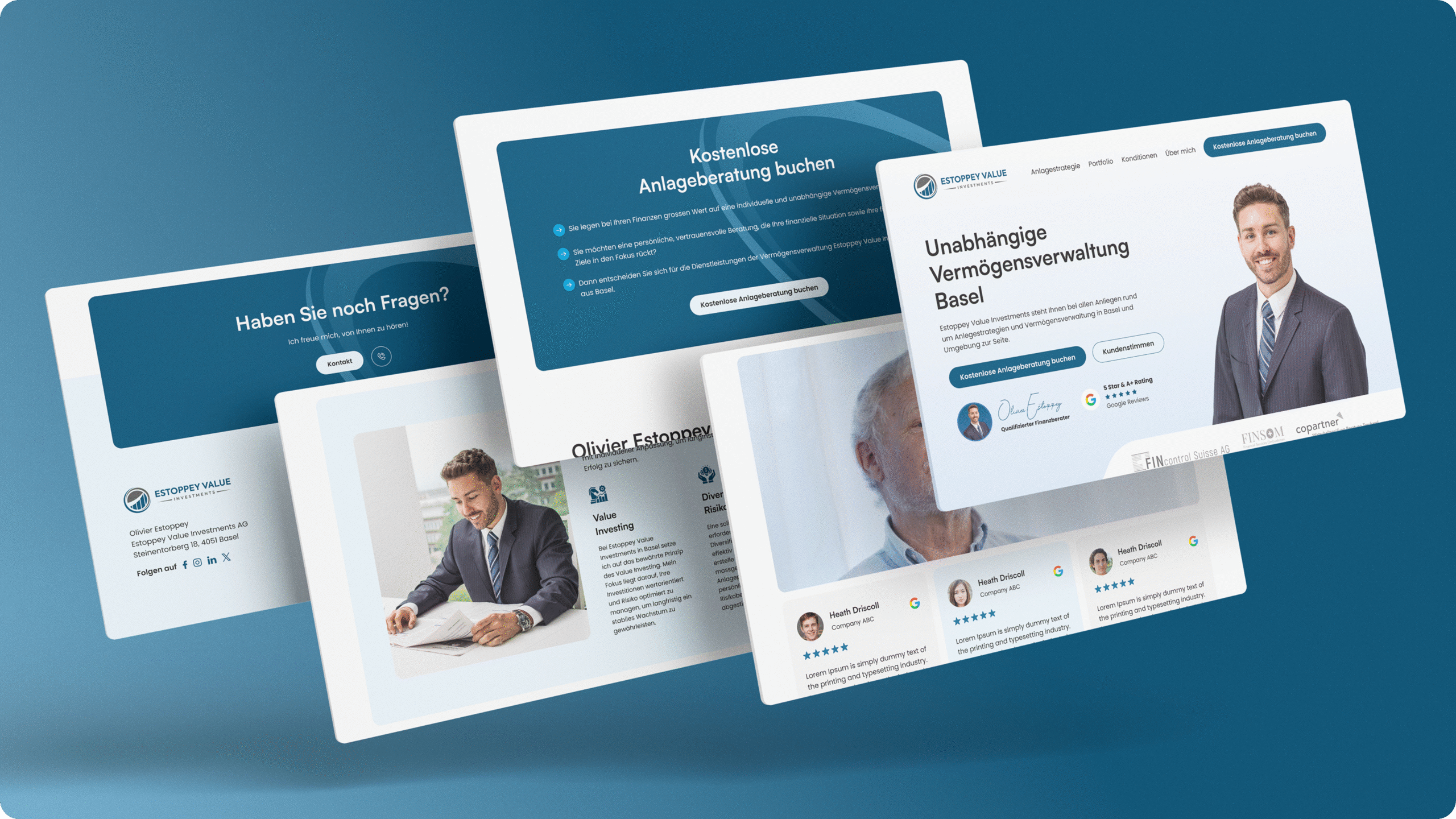 Eine Collage von Website-Bildschirmen, auf denen Finanzberatungsdienste vorgestellt werden, mit professionellen Porträts, Kontaktformularen und Dienstleistungsbeschreibungen in deutscher Sprache.
