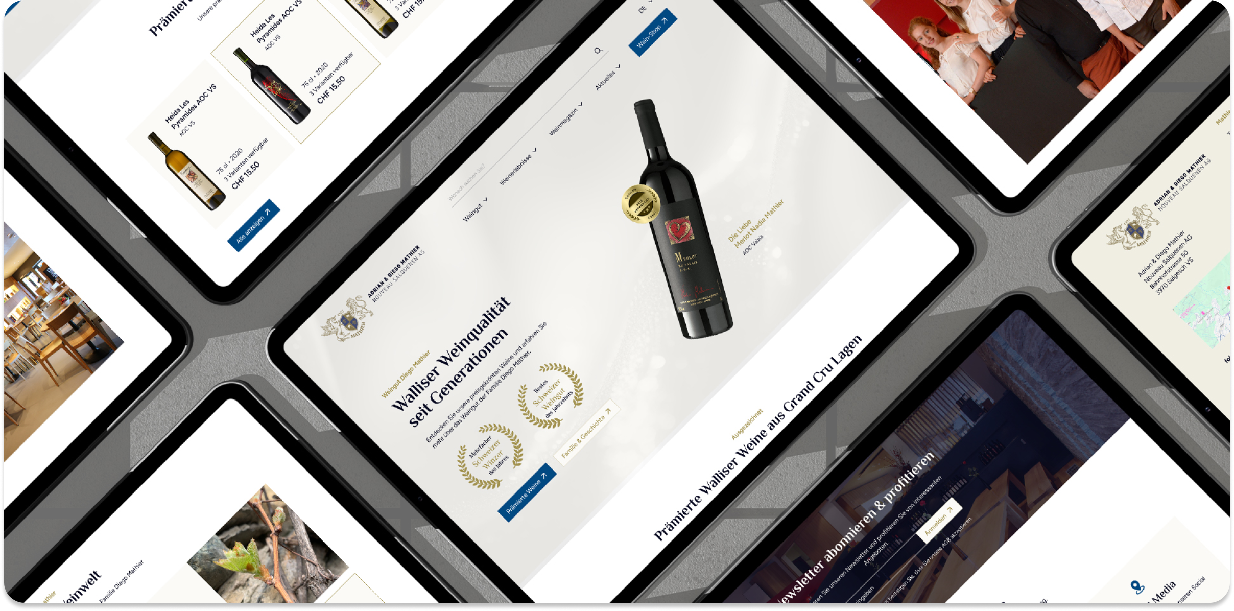 Mehrere Tablets zeigen Webseiten mit Weinflaschen, Auszeichnungen und weinbezogenen Inhalten in einer gitterartigen Anordnung an.