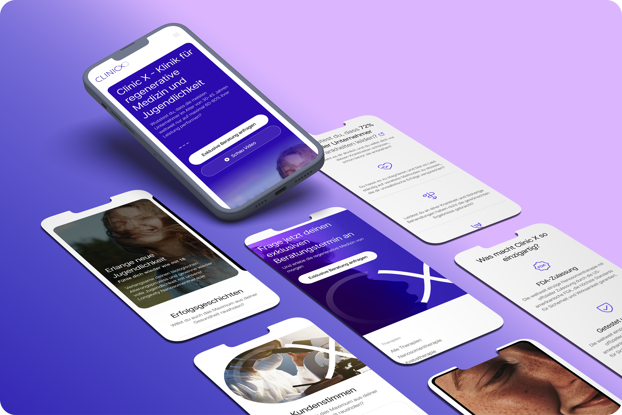 Auf mehreren Smartphones werden Bildschirme der mobilen Website einer medizinischen Klinik in deutscher Sprache angezeigt, auf denen Informationen für Kinder und Jugendliche, Patientengeschichten und Details zu Gesundheitsdienstleistungen zu finden sind.