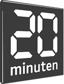 Logo mit der Digitaluhr "20" über dem Wort "minuten" in Kleinbuchstaben auf einem dunklen rechteckigen Hintergrund, perfekt für eine Webdesign Agentur Basel oder für alle, die sich von modernem Webdesign Basel inspirieren lassen wollen.