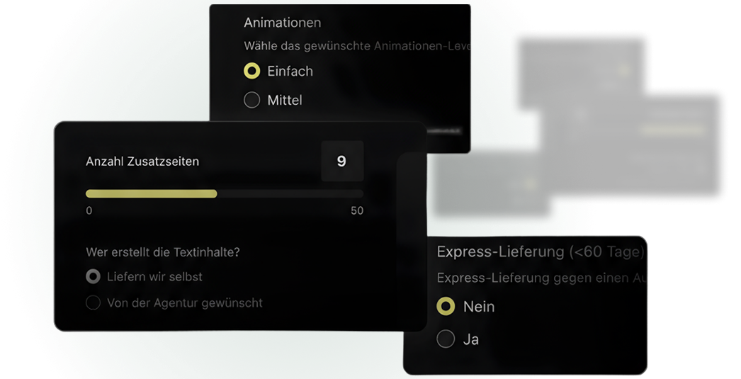 Eine deutschsprachige Benutzeroberfläche einer Webdesign Agentur Basel zeigt die Optionen für Animationen, Extrazeiten, Erstellung von Textinhalten und Expresslieferung an, wobei verschiedene Auswahlmöglichkeiten hervorgehoben werden.