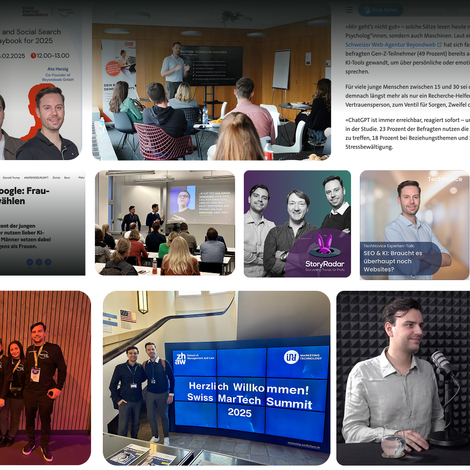 Collage aus Fotos von Rednern, Präsentationen und Netzwerken am Swiss MarTech Summit 2025, mit Veranstaltungsbeschilderung, Workshop-Szenen und Teilnehmern von führenden Firmen der Webdesign Agentur Basel.