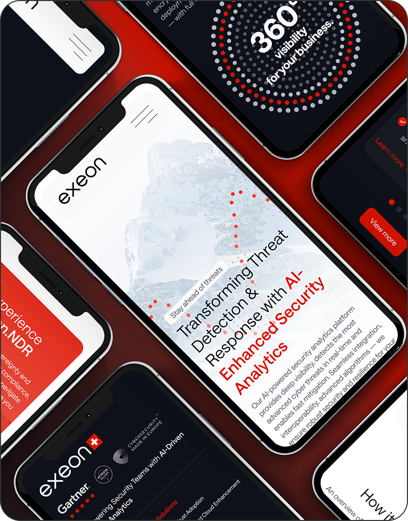 Ein Design unserer Webdesign Agentur Zürich von mehreren Smartphones, wo die Exeon-Website zu sehen ist, auf der Cybersecurity-Services, KI-gestützte Sicherheitsanalysen, Geschäftslösungen auf auffälligen roten und schwarzen Hintergründen präsentiert werden.