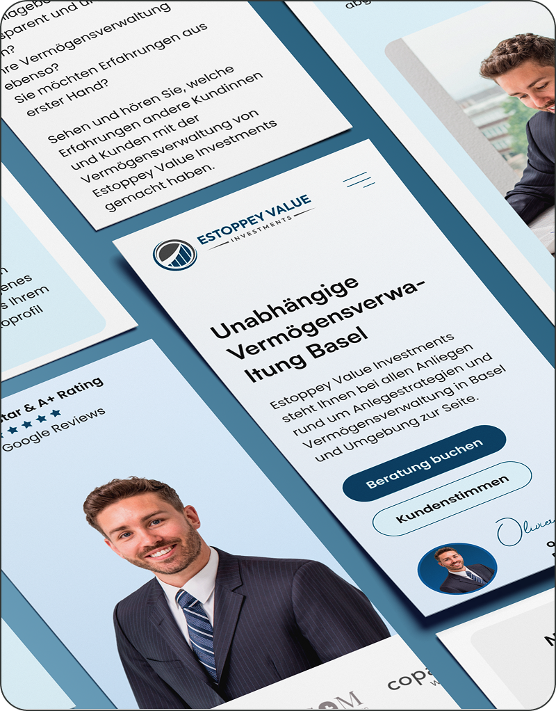 Auf einem Smartphone-Bildschirm wird eine deutschsprachige Website für Finanzdienstleistungen angezeigt, auf der ein professioneller Mann im Anzug, das Firmenlogo und Navigationsschaltflächen für die Buchung von Beratungsgesprächen zu sehen sind, die die zuverlässige WordPress-Wartung und den Support hervorheben.